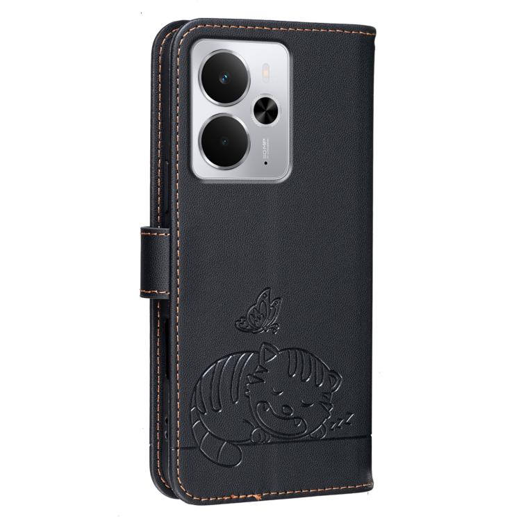For Realme 14 Cat Butterfly Embossed RFID Vegan Leather Phone Case with Strap