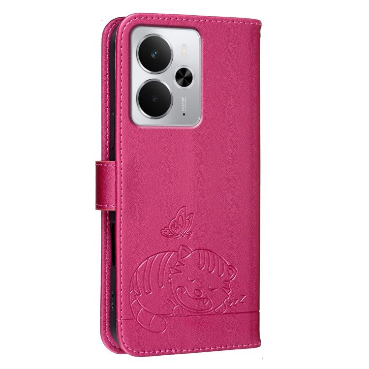 For Realme 14 Cat Butterfly Embossed RFID Vegan Leather Phone Case with Strap