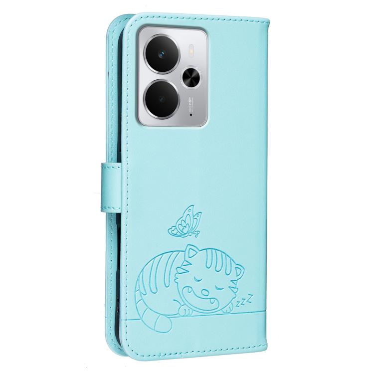 For Realme 14 Cat Butterfly Embossed RFID Vegan Leather Phone Case with Strap