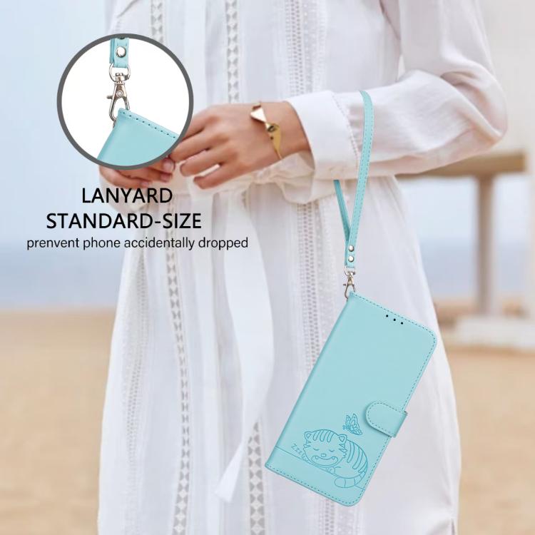 For Realme 14 Cat Butterfly Embossed RFID Vegan Leather Phone Case with Strap