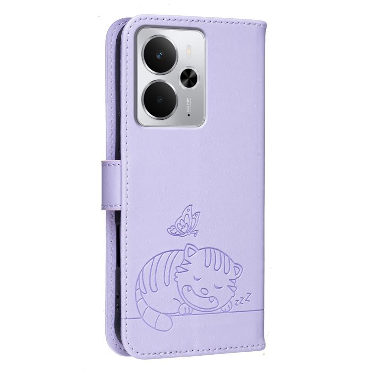 For Realme 14 Cat Butterfly Embossed RFID Vegan Leather Phone Case with Strap