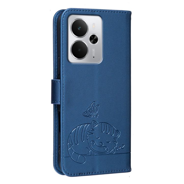 For Realme 14 Cat Butterfly Embossed RFID Vegan Leather Phone Case with Strap