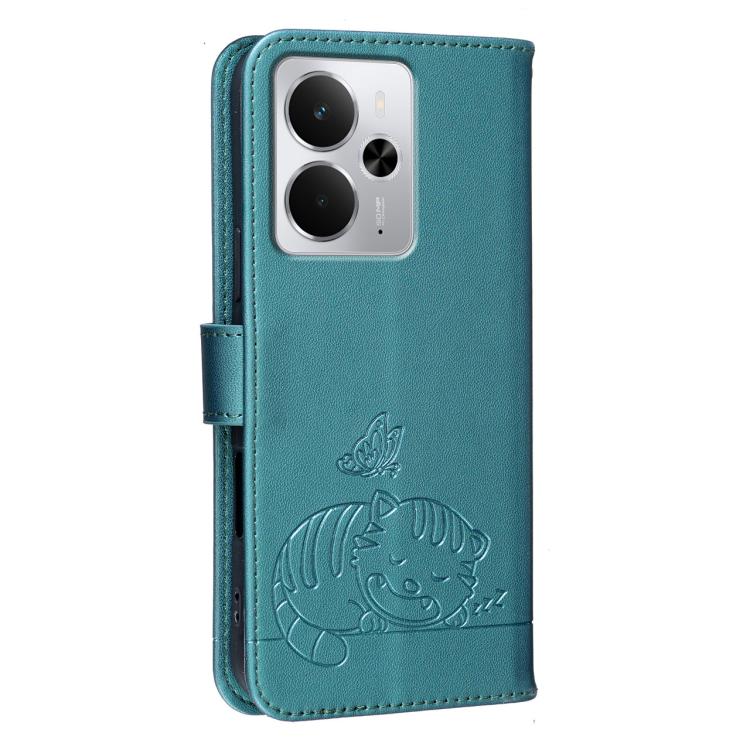 For Realme 14 Cat Butterfly Embossed RFID Vegan Leather Phone Case with Strap