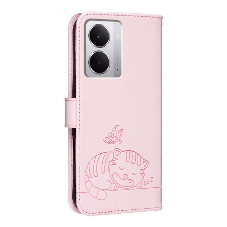 For Realme Neo7x Cat Butterfly Embossed RFID Vegan Leather Phone Case with Strap