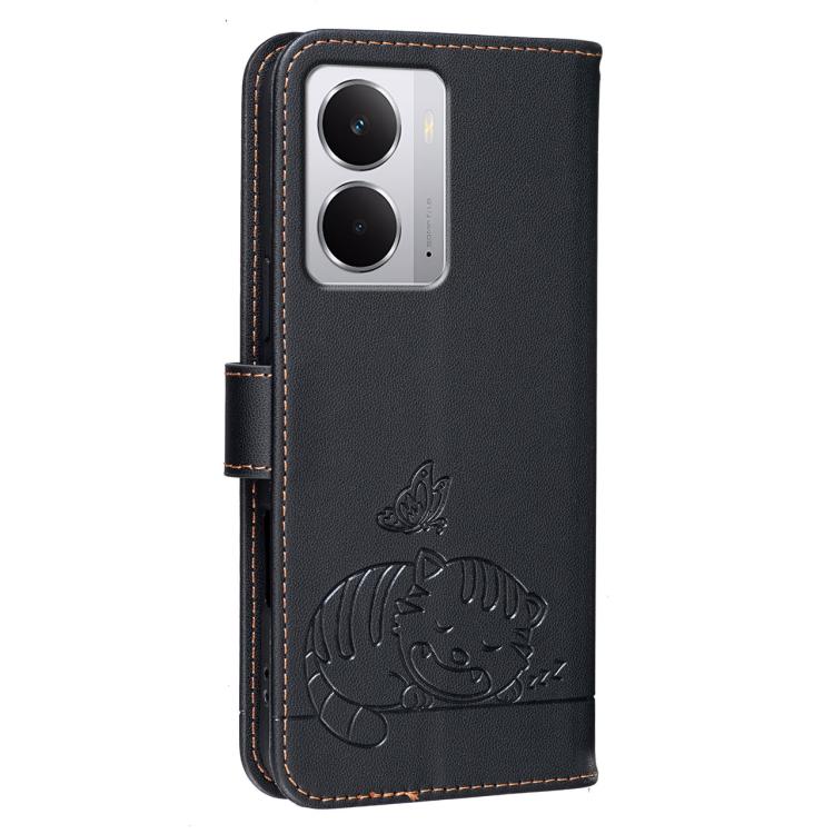 For Realme Neo7x Cat Butterfly Embossed RFID Vegan Leather Phone Case with Strap