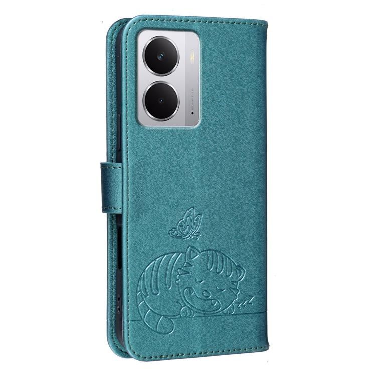 For Realme Neo7x Cat Butterfly Embossed RFID Vegan Leather Phone Case with Strap