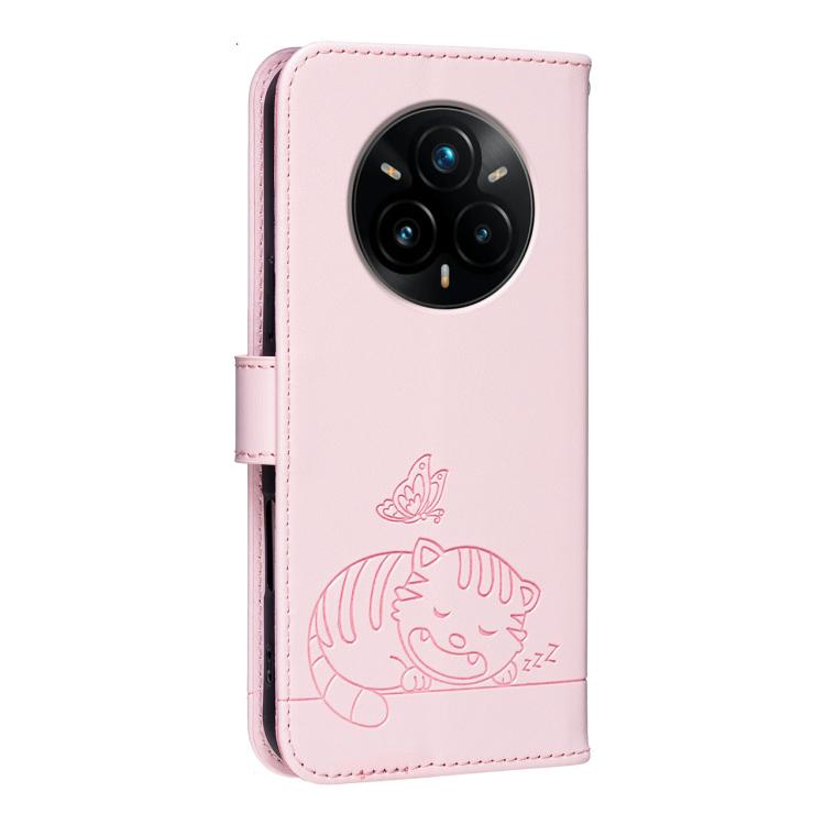 For Realme 14 Pro+ Cat Butterfly Embossed RFID Vegan Leather Phone Case with Strap