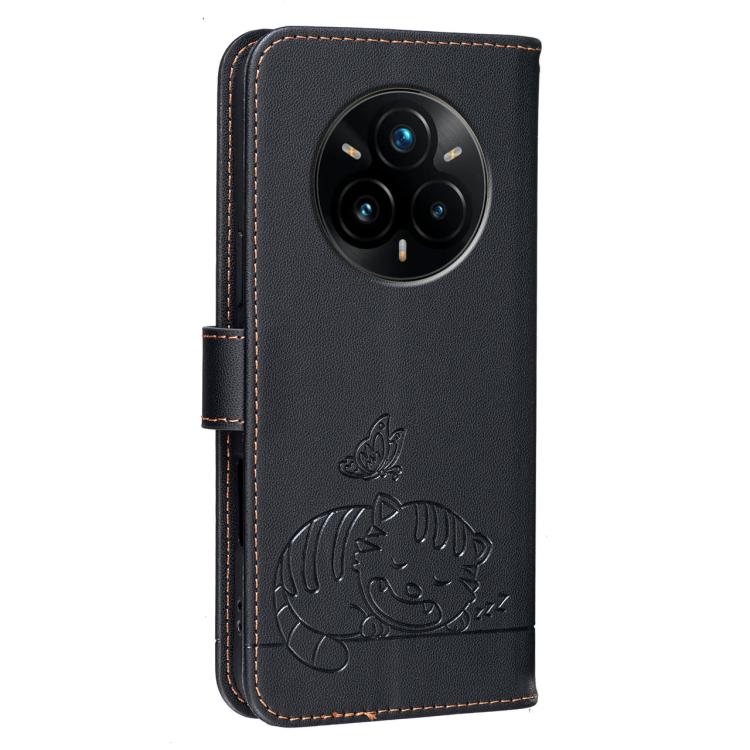 For Realme 14 Pro+ Cat Butterfly Embossed RFID Vegan Leather Phone Case with Strap