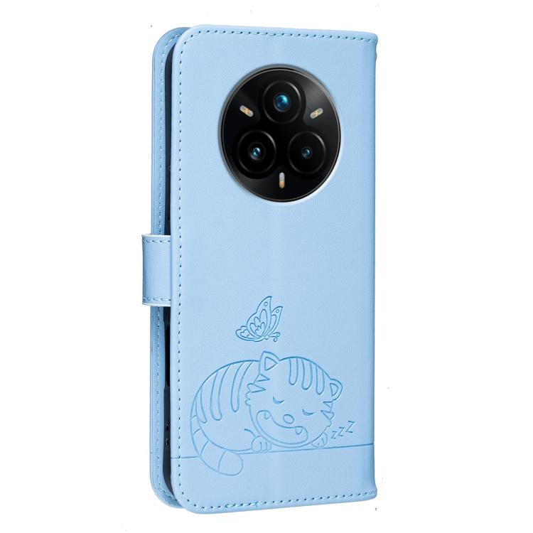 For Realme 14 Pro+ Cat Butterfly Embossed RFID Vegan Leather Phone Case with Strap