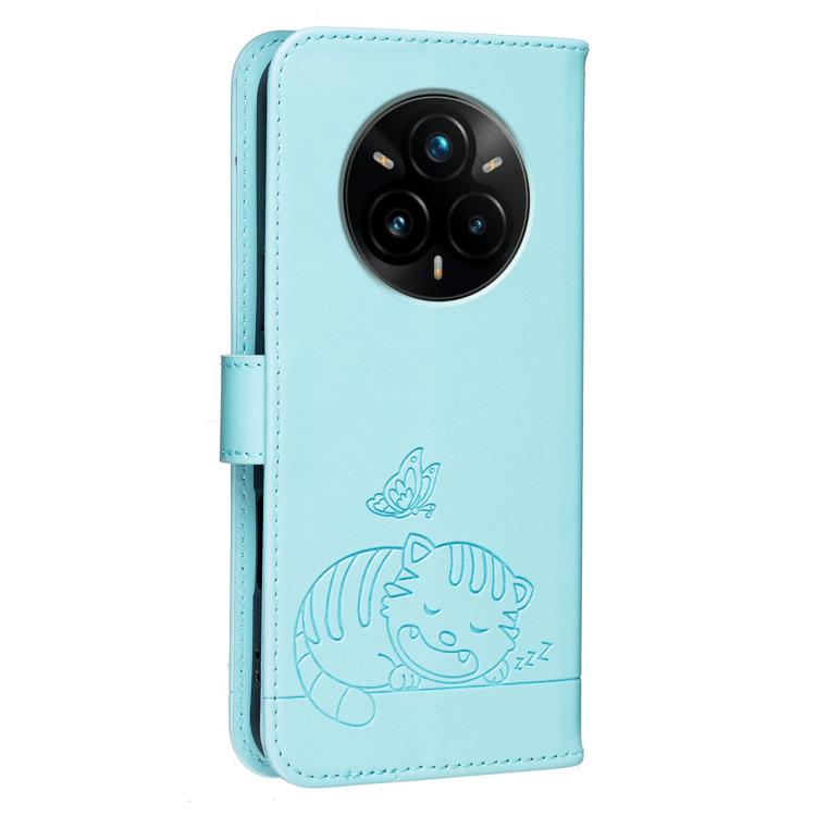 For Realme 14 Pro+ Cat Butterfly Embossed RFID Vegan Leather Phone Case with Strap