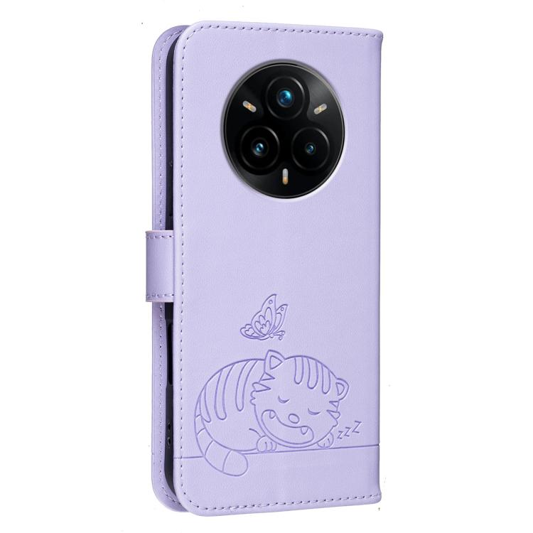 For Realme 14 Pro+ Cat Butterfly Embossed RFID Vegan Leather Phone Case with Strap