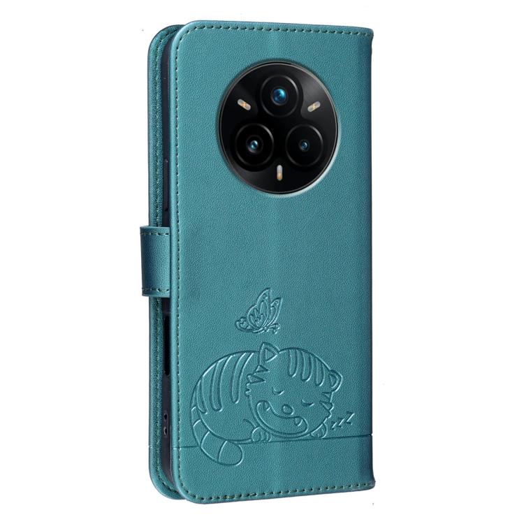 For Realme 14 Pro+ Cat Butterfly Embossed RFID Vegan Leather Phone Case with Strap