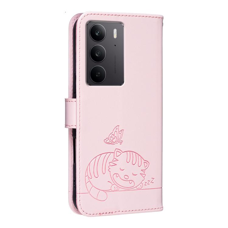 For Realme C75 4G Cat Butterfly Embossed RFID Vegan Leather Phone Case with Strap