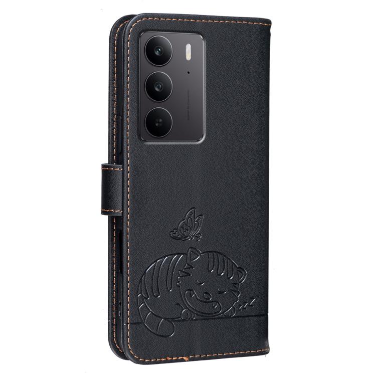 For Realme C75 4G Cat Butterfly Embossed RFID Vegan Leather Phone Case with Strap