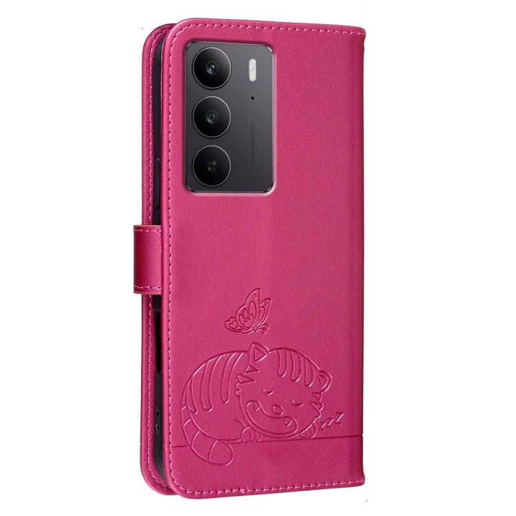 For Realme C75 4G Cat Butterfly Embossed RFID Vegan Leather Phone Case with Strap