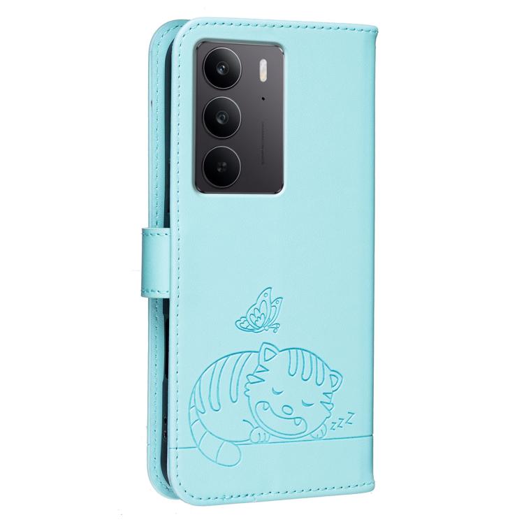 For Realme C75 4G Cat Butterfly Embossed RFID Vegan Leather Phone Case with Strap