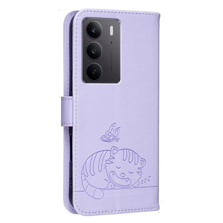 For Realme C75 4G Cat Butterfly Embossed RFID Vegan Leather Phone Case with Strap