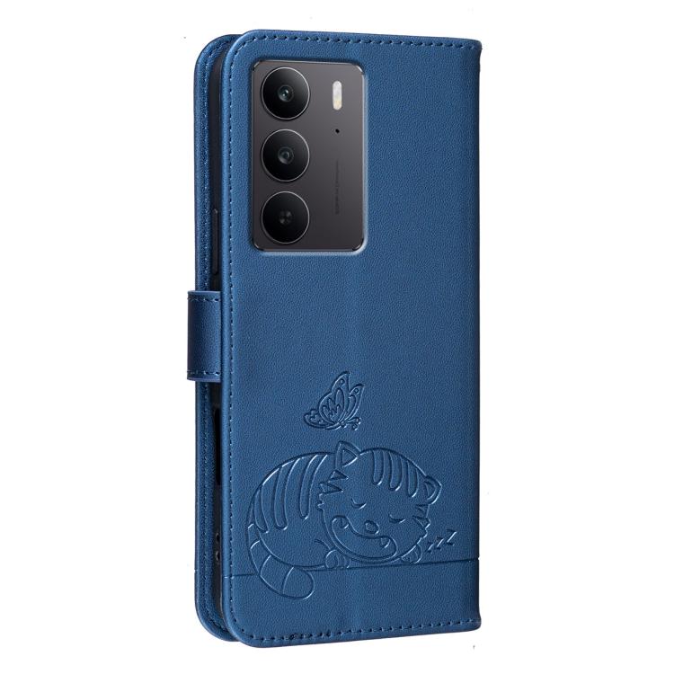 For Realme C75 4G Cat Butterfly Embossed RFID Vegan Leather Phone Case with Strap