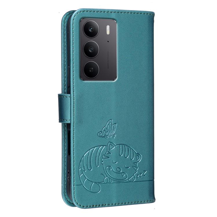For Realme C75 4G Cat Butterfly Embossed RFID Vegan Leather Phone Case with Strap