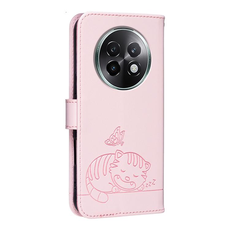 For Realme 13+ Cat Butterfly Embossed RFID Vegan Leather Phone Case with Strap