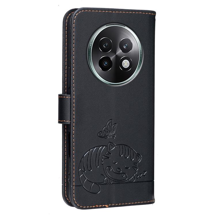 For Realme 13+ Cat Butterfly Embossed RFID Vegan Leather Phone Case with Strap