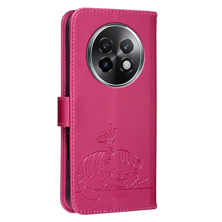 For Realme 13+ Cat Butterfly Embossed RFID Vegan Leather Phone Case with Strap