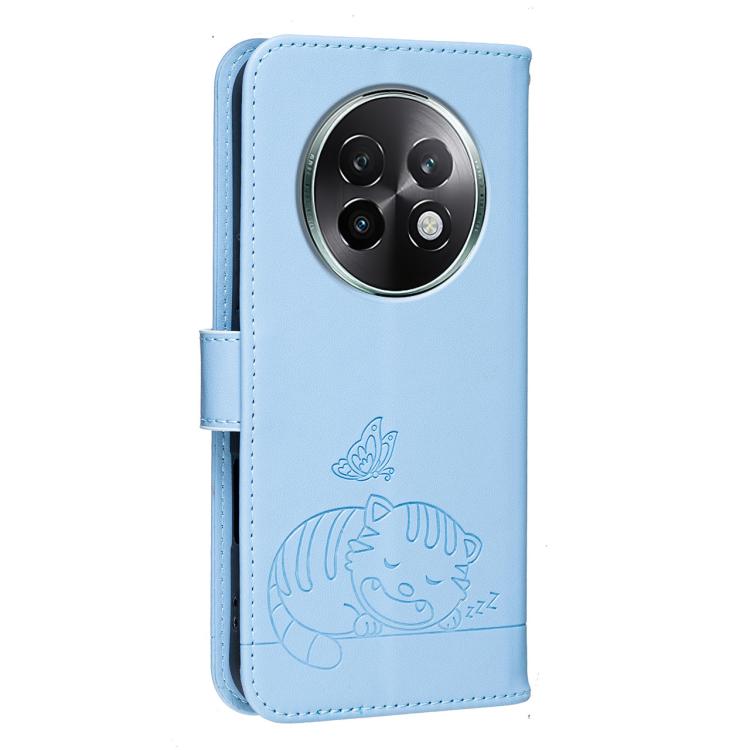 For Realme 13+ Cat Butterfly Embossed RFID Vegan Leather Phone Case with Strap