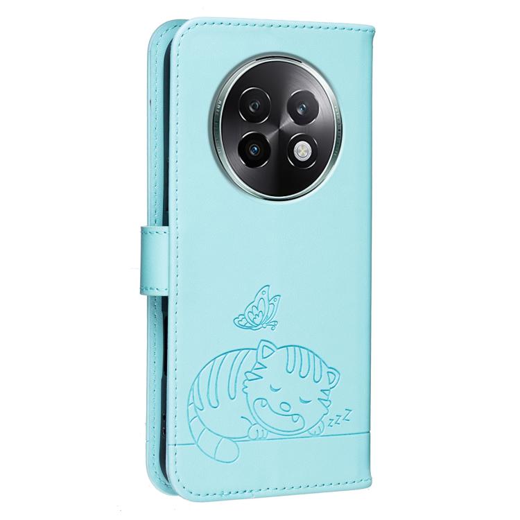 For Realme 13+ Cat Butterfly Embossed RFID Vegan Leather Phone Case with Strap
