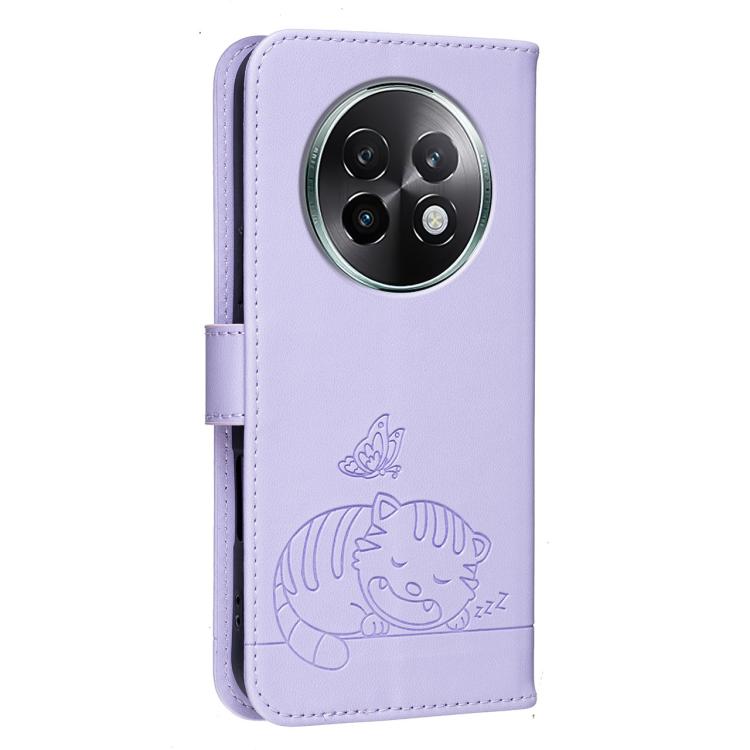 For Realme 13+ Cat Butterfly Embossed RFID Vegan Leather Phone Case with Strap