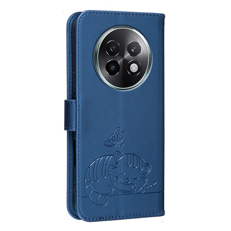 For Realme 13+ Cat Butterfly Embossed RFID Vegan Leather Phone Case with Strap