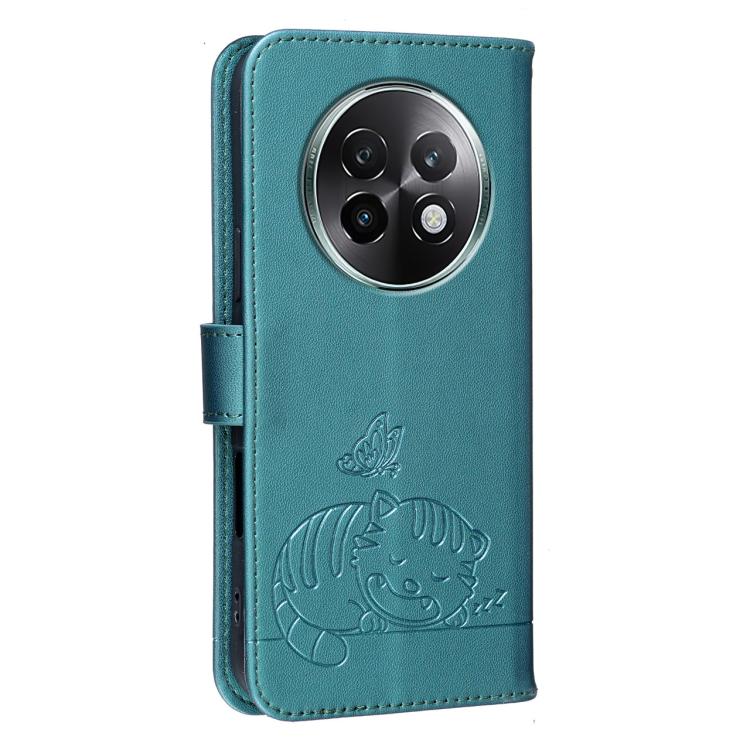For Realme 13+ Cat Butterfly Embossed RFID Vegan Leather Phone Case with Strap