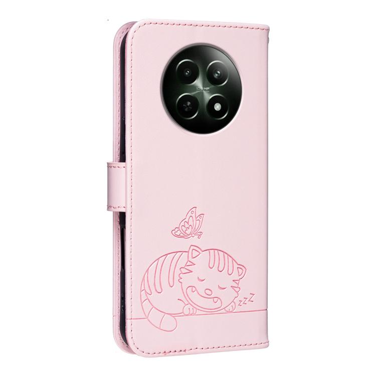 For Realme 12 4G Cat Butterfly Embossed RFID Vegan Leather Phone Case with Strap