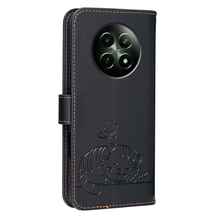 For Realme 12 4G Cat Butterfly Embossed RFID Vegan Leather Phone Case with Strap