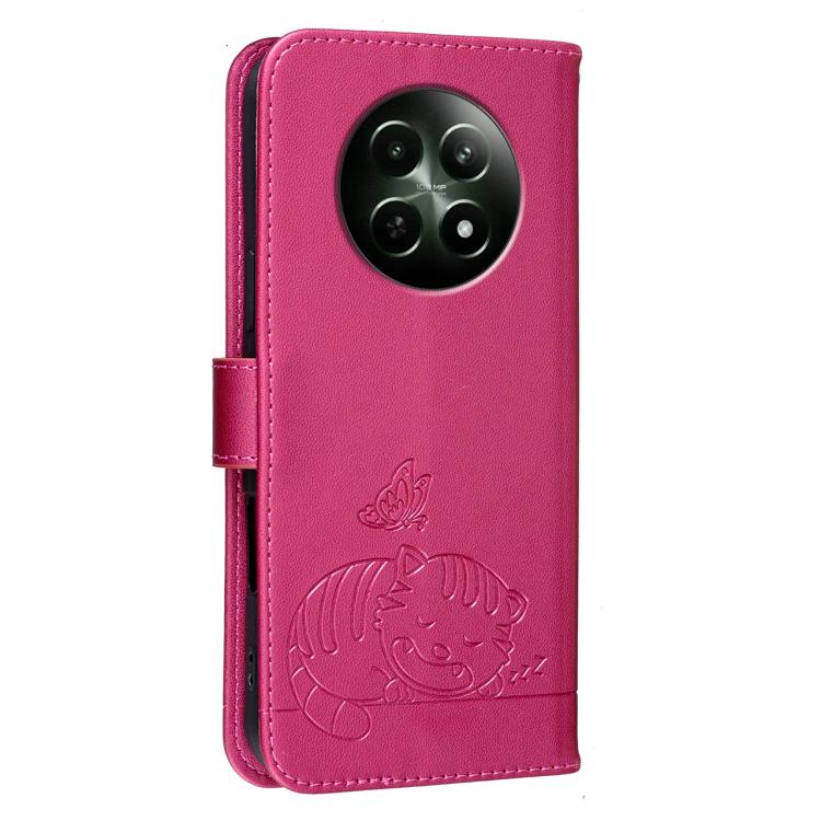 For Realme 12 4G Cat Butterfly Embossed RFID Vegan Leather Phone Case with Strap
