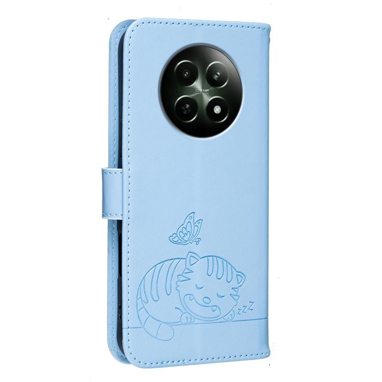 For Realme 12 4G Cat Butterfly Embossed RFID Vegan Leather Phone Case with Strap