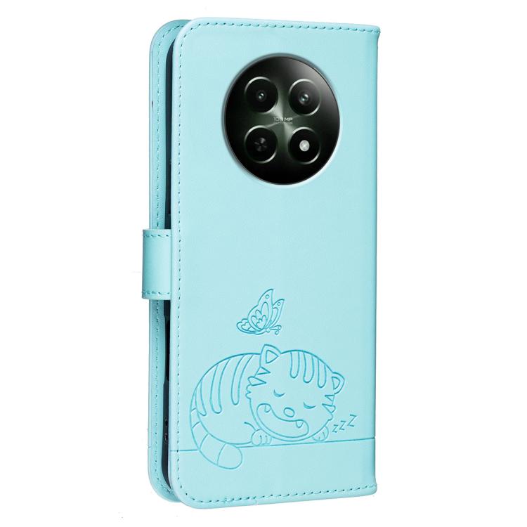 For Realme 12 4G Cat Butterfly Embossed RFID Vegan Leather Phone Case with Strap