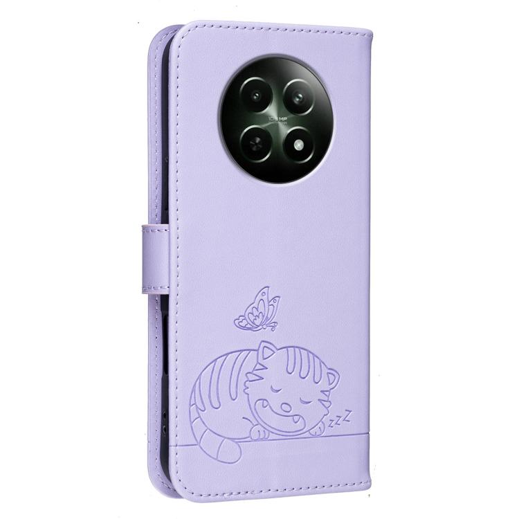 For Realme 12 4G Cat Butterfly Embossed RFID Vegan Leather Phone Case with Strap