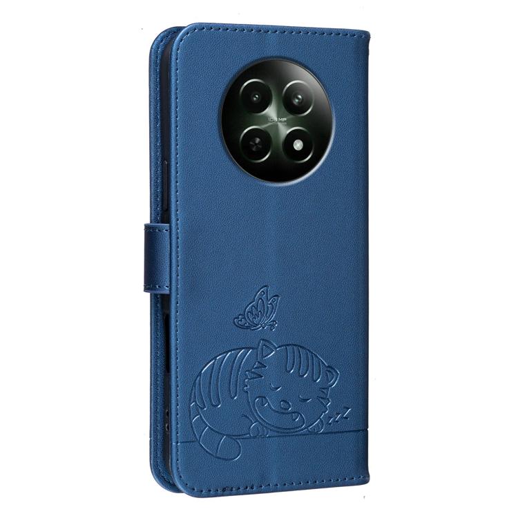 For Realme 12 4G Cat Butterfly Embossed RFID Vegan Leather Phone Case with Strap