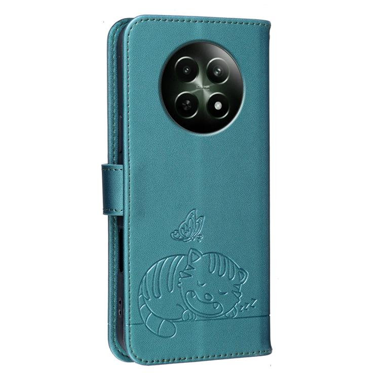 For Realme 12 4G Cat Butterfly Embossed RFID Vegan Leather Phone Case with Strap