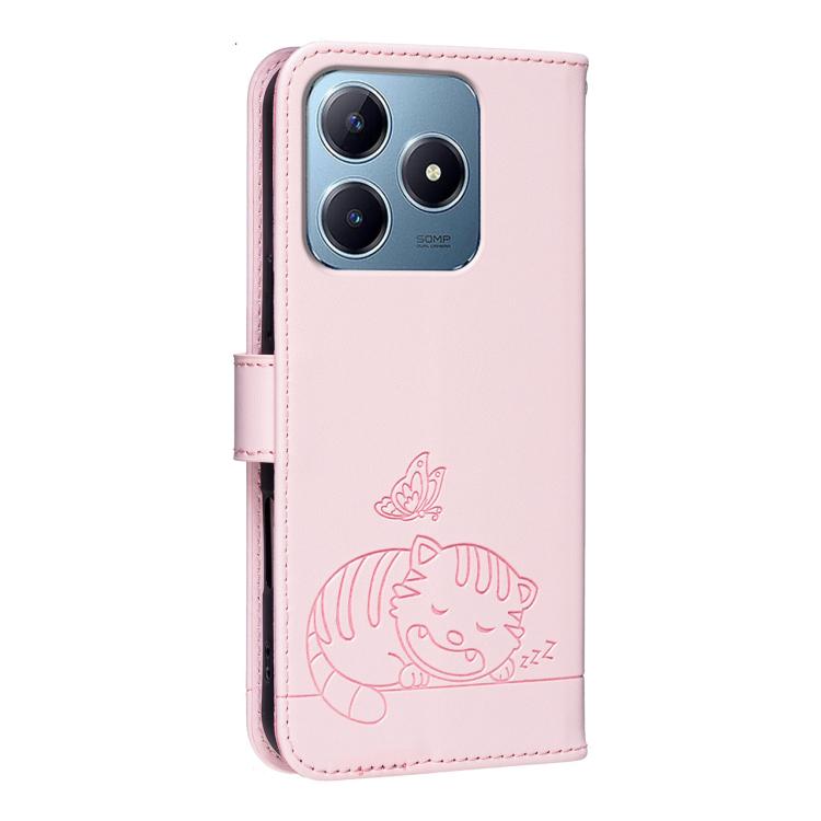 For Realme C63 Cat Butterfly Embossed RFID Vegan Leather Phone Case with Strap
