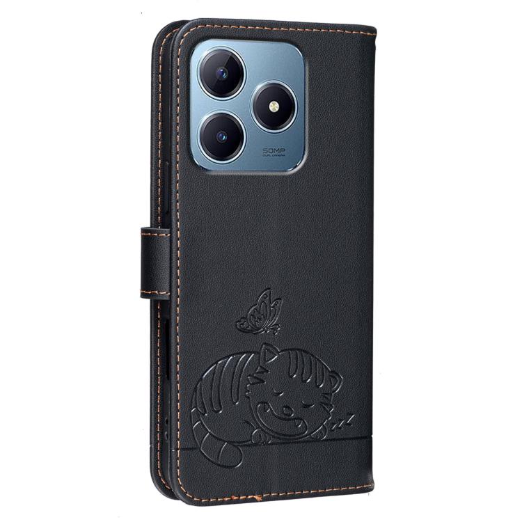 For Realme C63 Cat Butterfly Embossed RFID Vegan Leather Phone Case with Strap