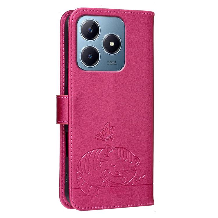 For Realme C63 Cat Butterfly Embossed RFID Vegan Leather Phone Case with Strap