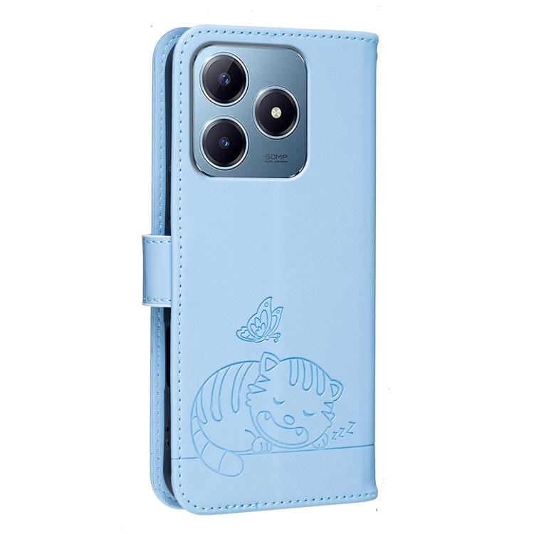 For Realme C63 Cat Butterfly Embossed RFID Vegan Leather Phone Case with Strap