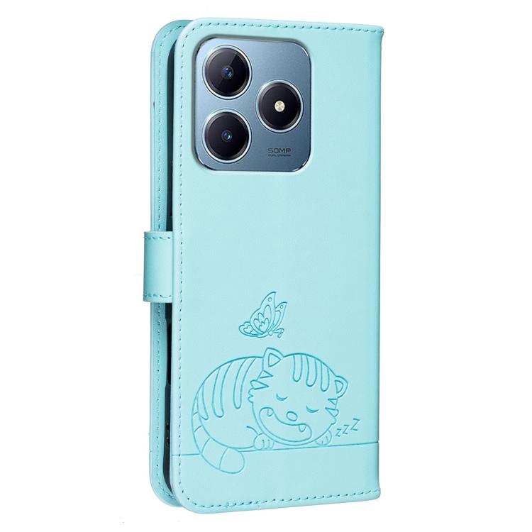For Realme C63 Cat Butterfly Embossed RFID Vegan Leather Phone Case with Strap
