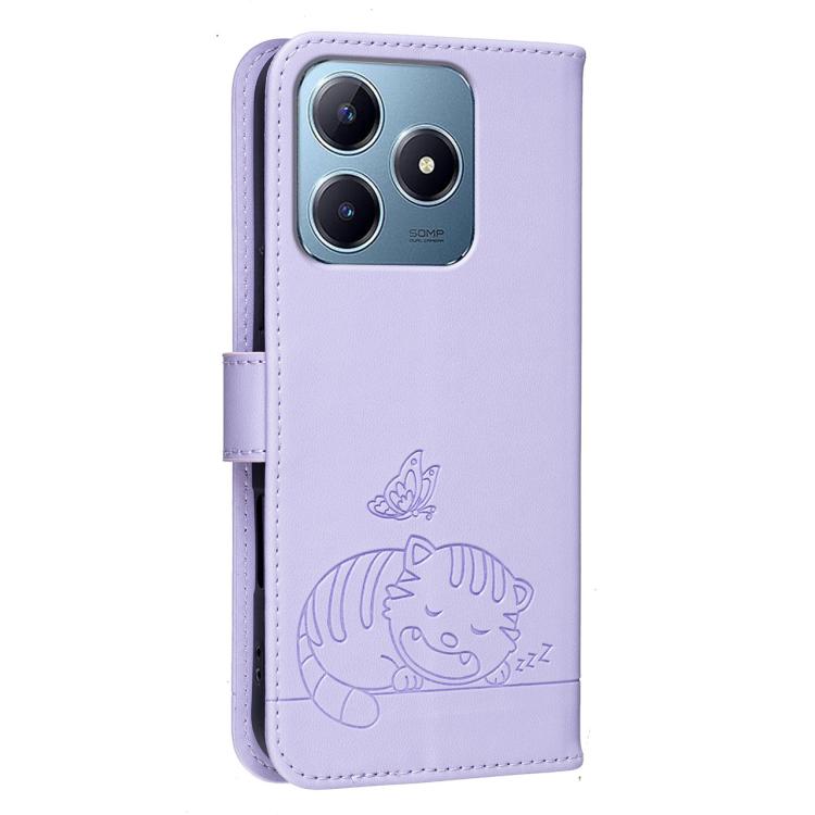 For Realme C63 Cat Butterfly Embossed RFID Vegan Leather Phone Case with Strap