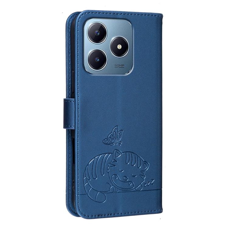For Realme C63 Cat Butterfly Embossed RFID Vegan Leather Phone Case with Strap