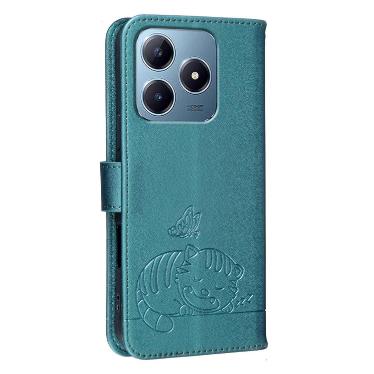 For Realme C63 Cat Butterfly Embossed RFID Vegan Leather Phone Case with Strap