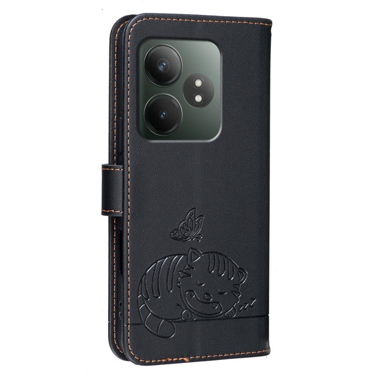 For Realme GT Neo6 Cat Butterfly Embossed RFID Vegan Leather Phone Case with Strap