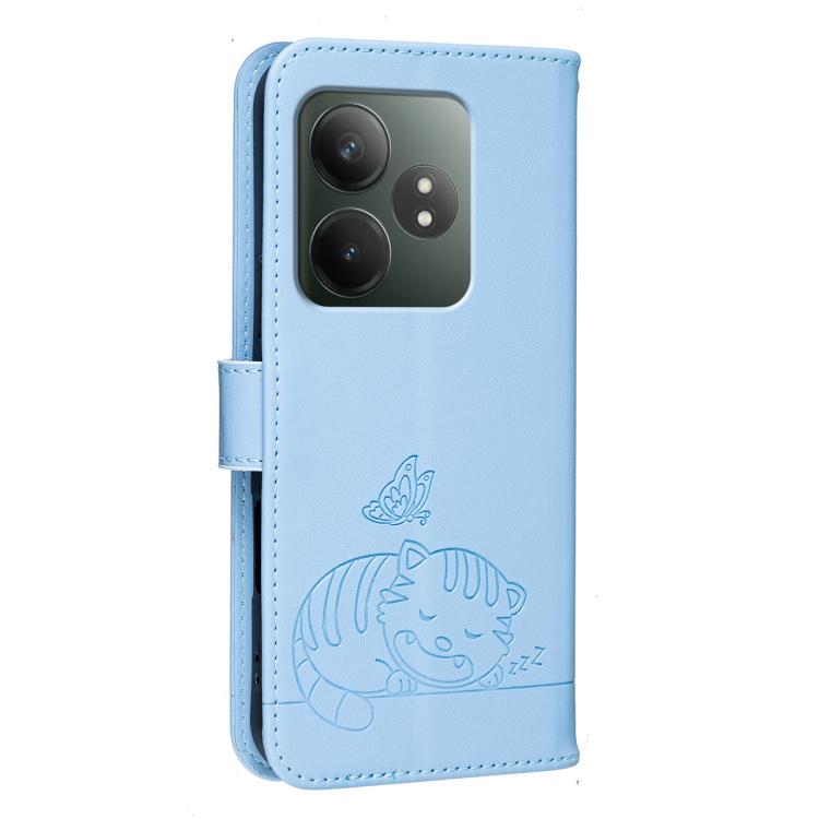 For Realme GT Neo6 Cat Butterfly Embossed RFID Vegan Leather Phone Case with Strap