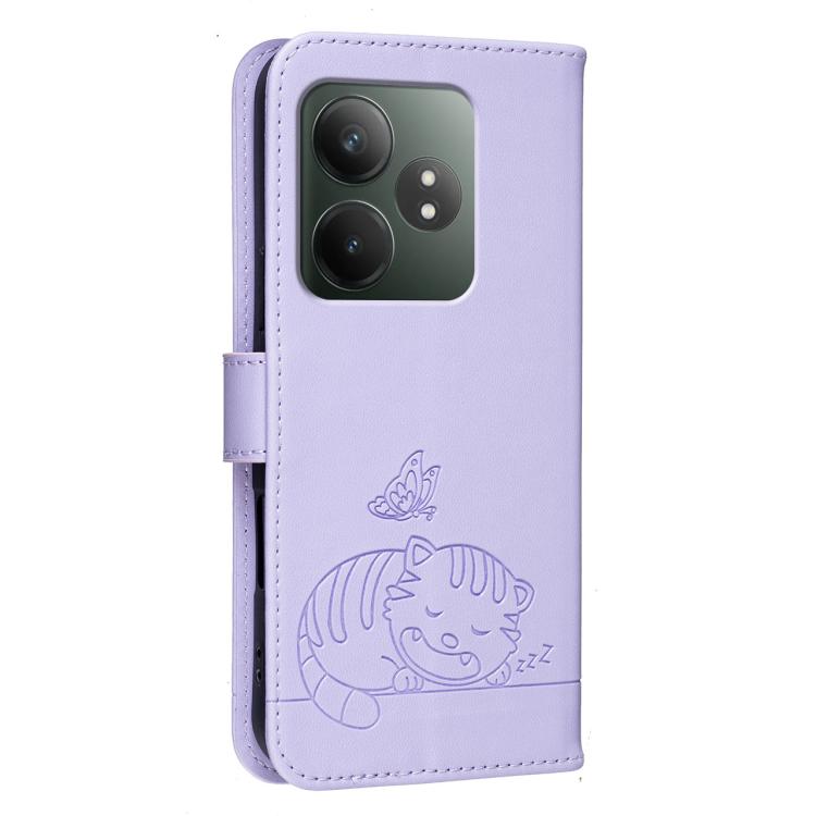 For Realme GT Neo6 Cat Butterfly Embossed RFID Vegan Leather Phone Case with Strap